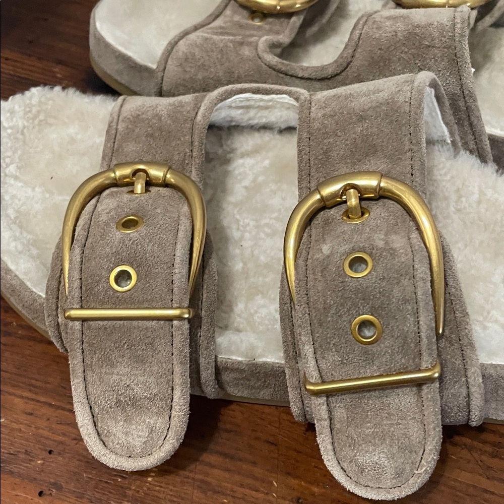Veronica Beard Prue Shearling Lined Ecru Suede slide sandals NWT - Picture 7 of 10
